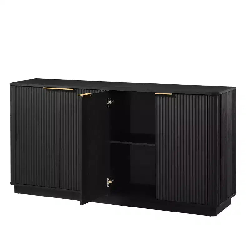 Buffet en bois à rayures verticales 63" avec rangement, meuble TV design ondulé pour salon, chambre et couloir, noir