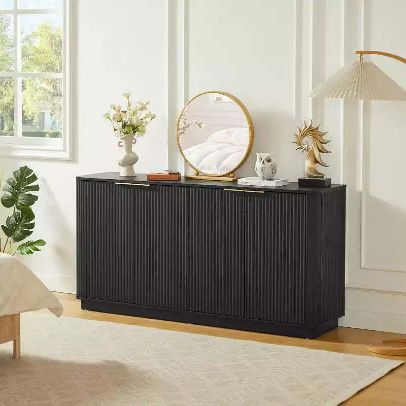 Buffet en bois à rayures verticales 63" avec rangement, meuble TV design ondulé pour salon, chambre et couloir, noir