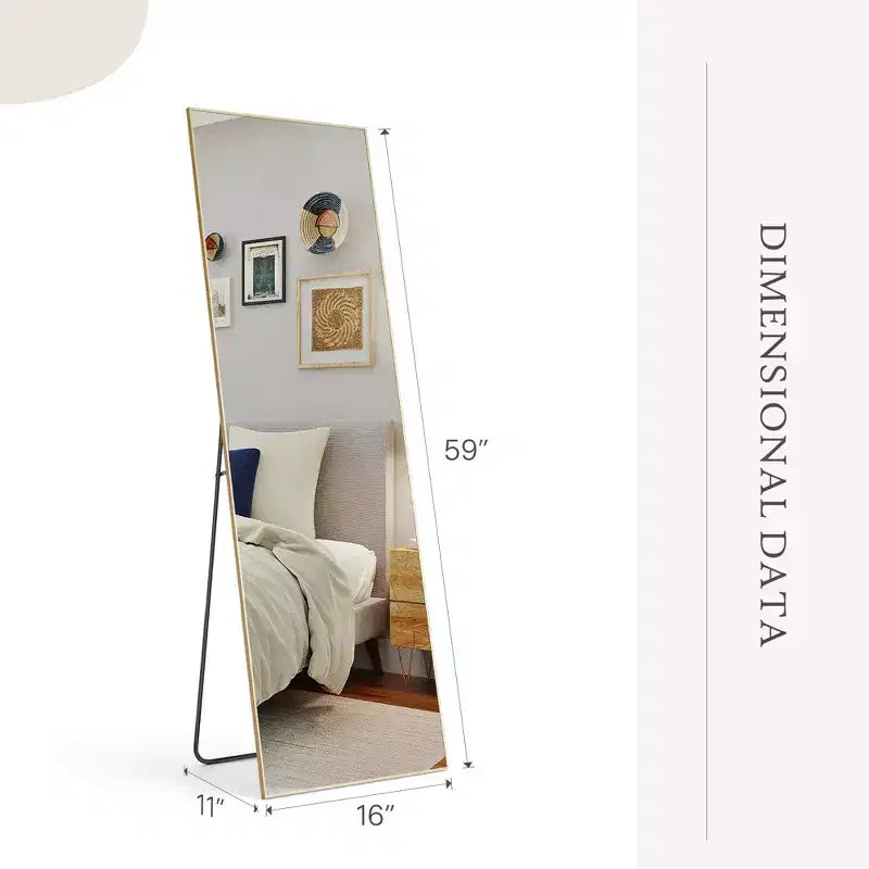Miroir pleine longueur 16x59, verre HD incassable cadre métallique, sur pied/mural pour chambre, dressing, entrée