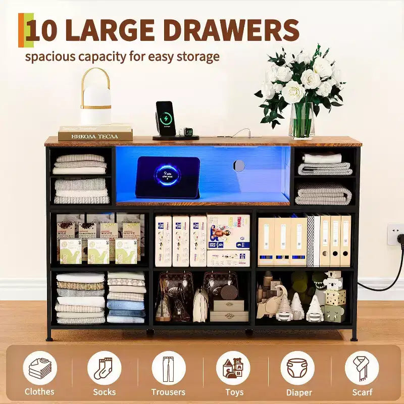 Commode en tissu à 10 tiroirs, étagères ouvertes, meuble de rangement moderne, pour chambre, salon, couloir