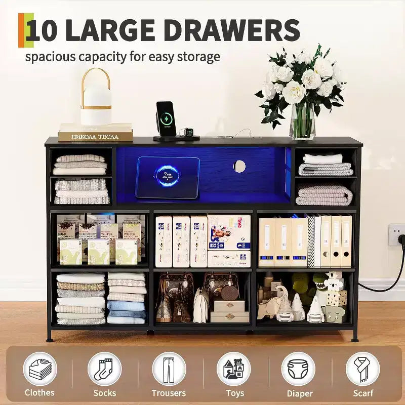 Commode en tissu à 10 tiroirs, étagères ouvertes, meuble de rangement moderne, pour chambre, salon, couloir
