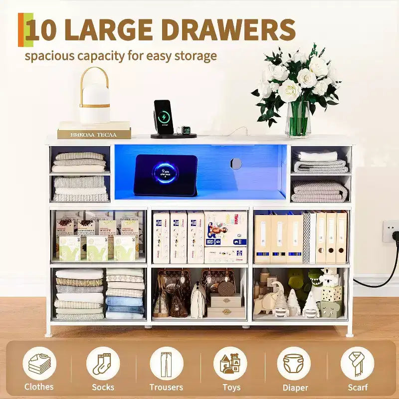 Commode en tissu à 10 tiroirs, étagères ouvertes, meuble de rangement moderne, pour chambre, salon, couloir