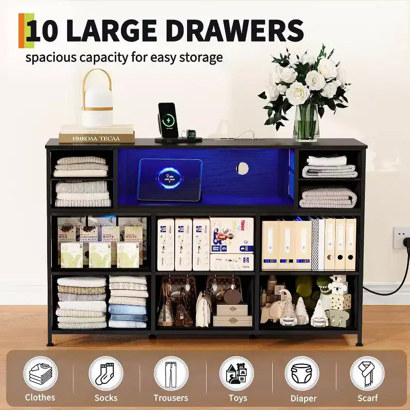 Commode en tissu à 10 tiroirs, étagères ouvertes, meuble de rangement moderne, pour chambre, salon, couloir