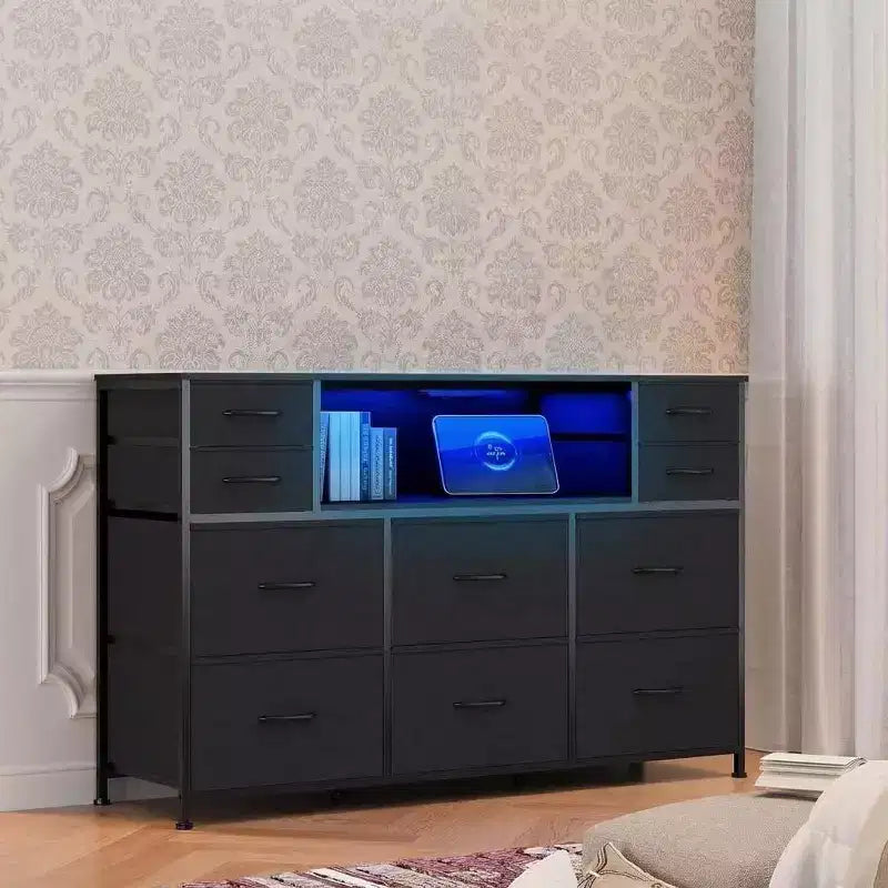 10-Drawer Fabric Dresser, Open Shelves, Modern Storage Cabinet, for Bedroom, Living Room, Hallway