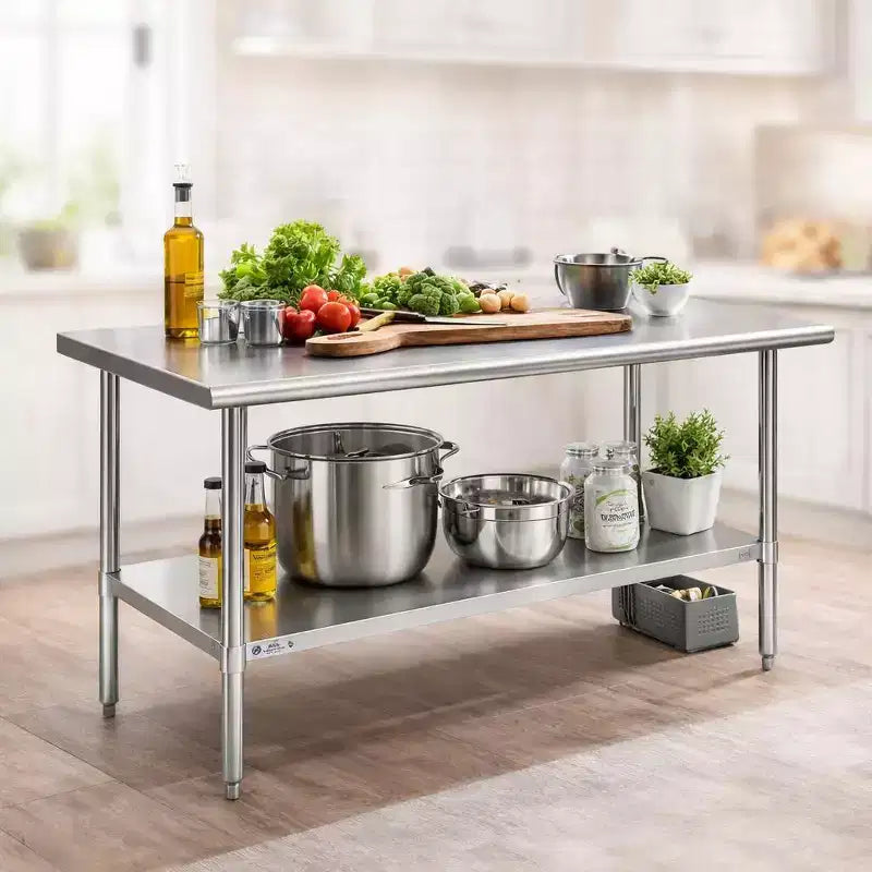 Heavy-Duty 60x30 Stainless Steel Work Table with Adjustable Shelf, NSF Certified, 520lb Capacity, Easy-Clean Surface for Commercial & Home Kitchens