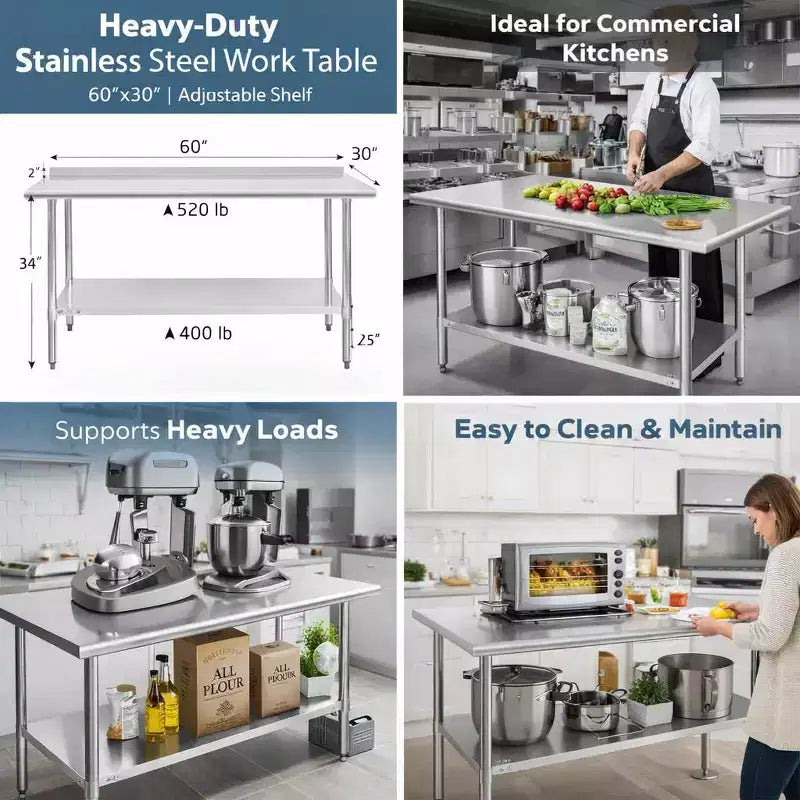 Table de travail robuste en acier inoxydable 60x30 avec étagère réglable, certifiée NSF, capacité de 236 kg, surface facile à nettoyer pour les cuisines commerciales et domestiques