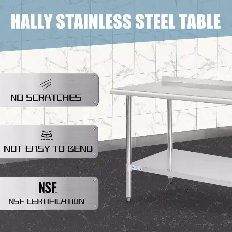 Table de travail robuste en acier inoxydable 60x30 avec étagère réglable, certifiée NSF, capacité de 236 kg, surface facile à nettoyer pour les cuisines commerciales et domestiques