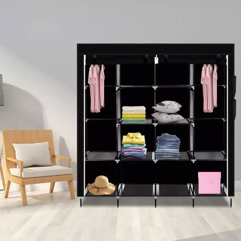 Karl Home 12-Cube Portable Closet Wardrobe with 2 Hanging Rods & 4 Side Pockets, 4-Tier Non-Woven Fabric Storage Organizer Black