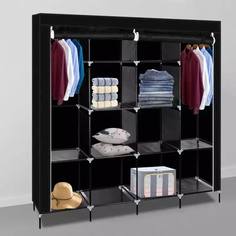 Armoire penderie portable 12 cubes avec 2 tringles de suspension et 4 poches latérales, organisateur de rangement 4 niveaux en tissu non tissé noir