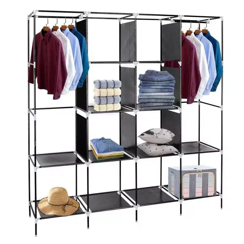 Armoire penderie portable 12 cubes avec 2 tringles de suspension et 4 poches latérales, organisateur de rangement 4 niveaux en tissu non tissé noir