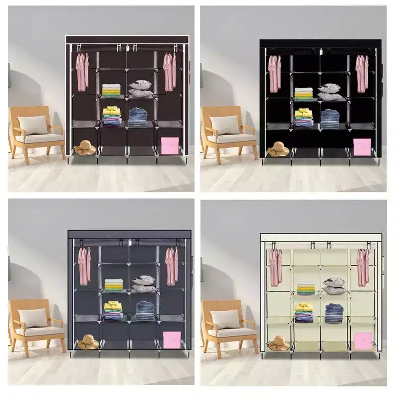 Armoire penderie portable 12 cubes avec 2 tringles de suspension et 4 poches latérales, organisateur de rangement 4 niveaux en tissu non tissé noir