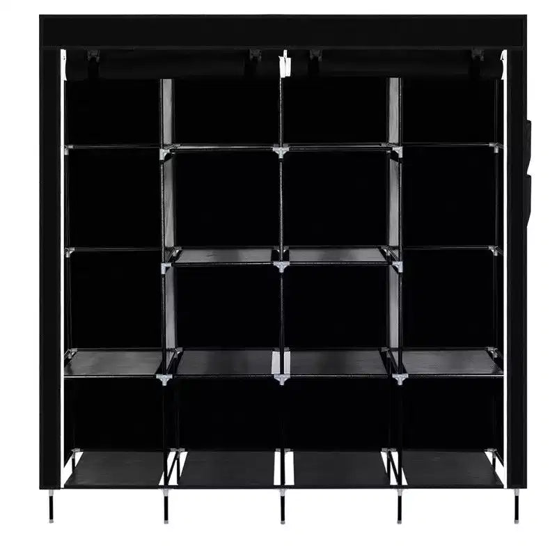 Armoire penderie portable 12 cubes avec 2 tringles de suspension et 4 poches latérales, organisateur de rangement 4 niveaux en tissu non tissé noir