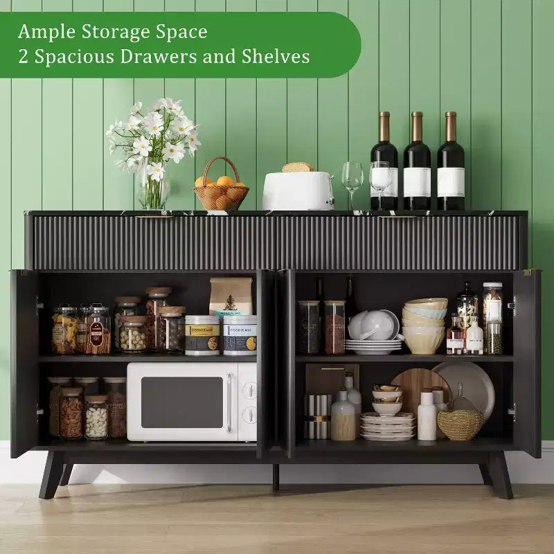 Bahut, 2 tiroirs, 4 portes, étagères réglables, rangement, pour la maison, le salon