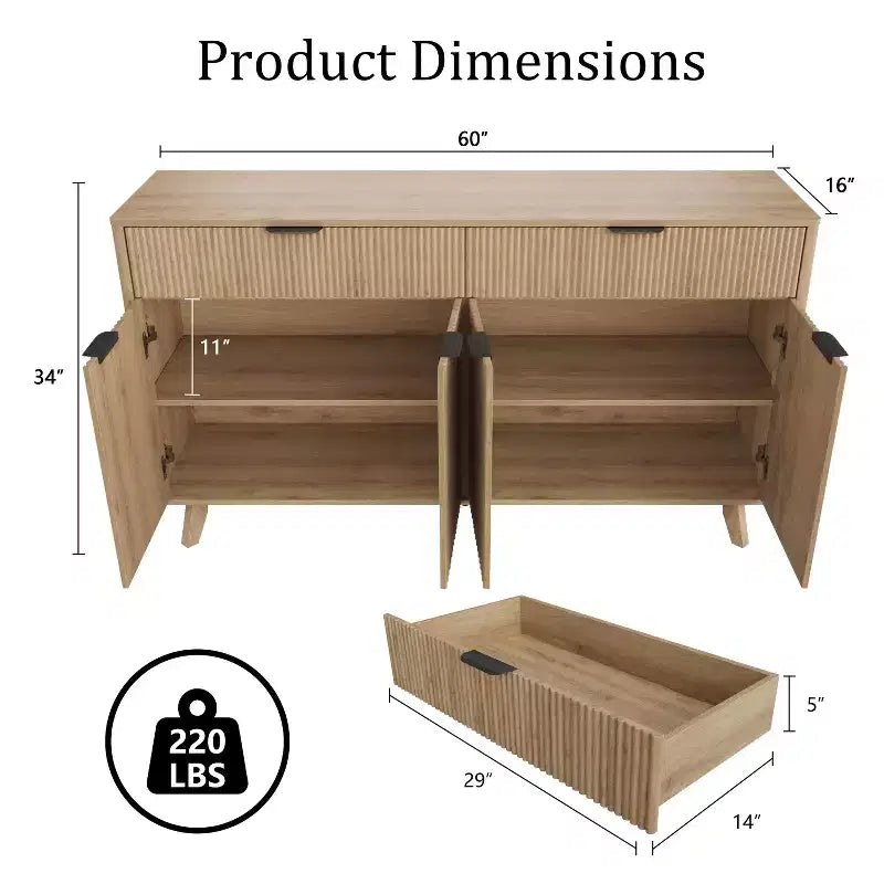 Bahut, 2 tiroirs, 4 portes, étagères réglables, rangement, pour la maison, le salon