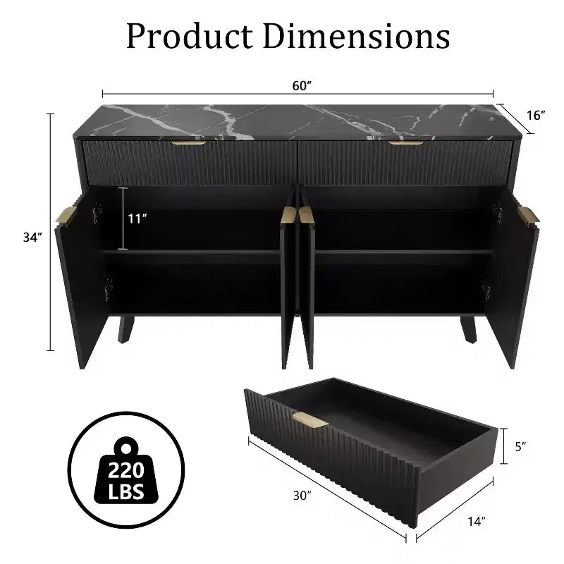 Bahut, 2 tiroirs, 4 portes, étagères réglables, rangement, pour la maison, le salon