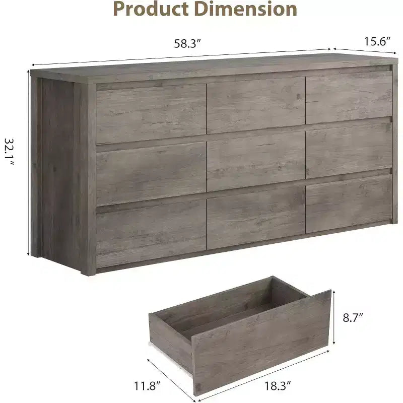 Commode en bois à 9 tiroirs pour chambre à coucher, grande commode moderne, grand meuble de rangement pour salon, couloir ou entrée.