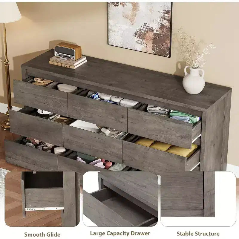 Commode en bois à 9 tiroirs pour chambre à coucher, grande commode moderne, grand meuble de rangement pour salon, couloir ou entrée.